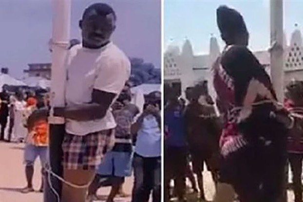 بعد تسريب مقطع فيديو لهما.. تقييد شاب وفتاة بالشارع وجلدهما في غانا